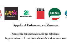 Appello a Parlamento e Governo: approvare rapidamente leggi per rafforzare prevenzione e contrasto alle mafie e corruzione